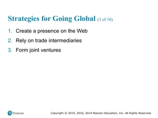 Copyright © 2019, 2016, 2014 Pearson Education, Inc. All Rights Reserved.
Strategies for Going Global (3 of 10)
1. Create a presence on the Web
2. Rely on trade intermediaries
3. Form joint ventures
 