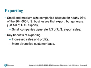 Copyright © 2019, 2016, 2014 Pearson Education, Inc. All Rights Reserved.
Exporting
• Small and medium-size companies account for nearly 98%
of the 304,000 U.S. businesses that export, but generate
just 1/3 of U.S. exports.
– Small companies generate 1/3 of U.S. export sales.
• Key benefits of exporting:
– Increased sales and profits.
– More diversified customer base.
 