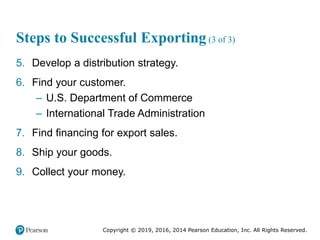 Copyright © 2019, 2016, 2014 Pearson Education, Inc. All Rights Reserved.
Steps to Successful Exporting (3 of 3)
5. Develop a distribution strategy.
6. Find your customer.
– U.S. Department of Commerce
– International Trade Administration
7. Find financing for export sales.
8. Ship your goods.
9. Collect your money.
 