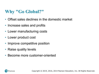 Copyright © 2019, 2016, 2014 Pearson Education, Inc. All Rights Reserved.
Why "Go Global?"
• Offset sales declines in the domestic market
• Increase sales and profits
• Lower manufacturing costs
• Lower product cost
• Improve competitive position
• Raise quality levels
• Become more customer-oriented
 