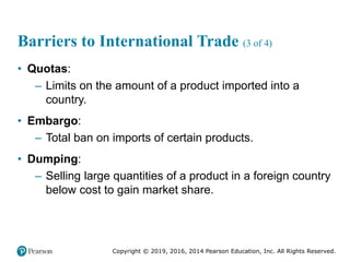 Copyright © 2019, 2016, 2014 Pearson Education, Inc. All Rights Reserved.
Barriers to International Trade (3 of 4)
• Quotas:
– Limits on the amount of a product imported into a
country.
• Embargo:
– Total ban on imports of certain products.
• Dumping:
– Selling large quantities of a product in a foreign country
below cost to gain market share.
 