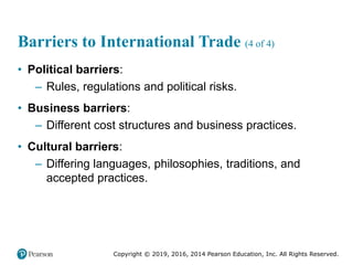 Copyright © 2019, 2016, 2014 Pearson Education, Inc. All Rights Reserved.
Barriers to International Trade (4 of 4)
• Political barriers:
– Rules, regulations and political risks.
• Business barriers:
– Different cost structures and business practices.
• Cultural barriers:
– Differing languages, philosophies, traditions, and
accepted practices.
 