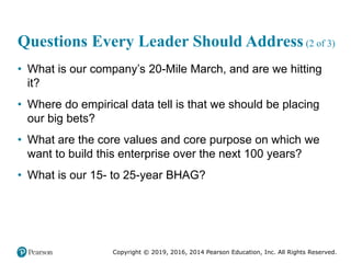 Copyright © 2019, 2016, 2014 Pearson Education, Inc. All Rights Reserved.
Questions Every Leader Should Address (2 of 3)
• What is our company’s 20-Mile March, and are we hitting
it?
• Where do empirical data tell is that we should be placing
our big bets?
• What are the core values and core purpose on which we
want to build this enterprise over the next 100 years?
• What is our 15- to 25-year BHAG?
 