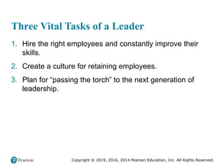 Copyright © 2019, 2016, 2014 Pearson Education, Inc. All Rights Reserved.
Three Vital Tasks of a Leader
1. Hire the right employees and constantly improve their
skills.
2. Create a culture for retaining employees.
3. Plan for “passing the torch” to the next generation of
leadership.
 