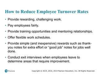 Copyright © 2019, 2016, 2014 Pearson Education, Inc. All Rights Reserved.
How to Reduce Employee Turnover Rates
• Provide rewarding, challenging work.
• Pay employees fairly.
• Provide training opportunities and mentoring relationships.
• Offer flexible work schedules.
• Provide simple (and inexpensive) rewards such as thank-
you notes for extra effort or “good job” notes for jobs well
done.
• Conduct exit interviews when employees leave to
determine areas that require improvement.
 