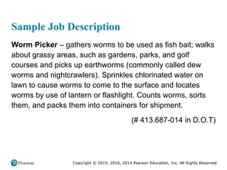 Copyright © 2019, 2016, 2014 Pearson Education, Inc. All Rights Reserved.
Sample Job Description
Worm Picker – gathers worms to be used as fish bait; walks
about grassy areas, such as gardens, parks, and golf
courses and picks up earthworms (commonly called dew
worms and nightcrawlers). Sprinkles chlorinated water on
lawn to cause worms to come to the surface and locates
worms by use of lantern or flashlight. Counts worms, sorts
them, and packs them into containers for shipment.
(# 413.687-014 in D.O.T)
 
