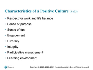 Copyright © 2019, 2016, 2014 Pearson Education, Inc. All Rights Reserved.
Characteristics of a Positive Culture (3 of 3)
• Respect for work and life balance
• Sense of purpose
• Sense of fun
• Engagement
• Diversity
• Integrity
• Participative management
• Learning environment
 