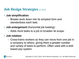 Copyright © 2019, 2016, 2014 Pearson Education, Inc. All Rights Reserved.
Job Design Strategies (1 of 4)
• Job simplification:
– Breaks work down into its simplest form and
standardizes each task.
• Job enlargement (horizontal job loading):
– Adds more tasks to a job to broaden its scope.
• Job rotation:
– Cross-trains workers so they can move from one job in
a company to others, giving them a greater number
and variety of tasks to perform. Often used with a skill-
based pay system.
 