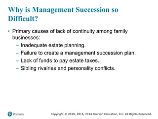 Copyright © 2019, 2016, 2014 Pearson Education, Inc. All Rights Reserved.
Why is Management Succession so
Difficult?
• Primary causes of lack of continuity among family
businesses:
– Inadequate estate planning.
– Failure to create a management succession plan.
– Lack of funds to pay estate taxes.
– Sibling rivalries and personality conflicts.
 