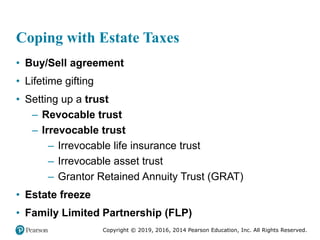 Copyright © 2019, 2016, 2014 Pearson Education, Inc. All Rights Reserved.
Coping with Estate Taxes
• Buy/Sell agreement
• Lifetime gifting
• Setting up a trust
– Revocable trust
– Irrevocable trust
– Irrevocable life insurance trust
– Irrevocable asset trust
– Grantor Retained Annuity Trust (GRAT)
• Estate freeze
• Family Limited Partnership (FLP)
 