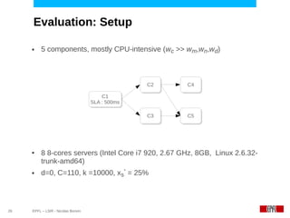 Evaluation: Setup

     ●    5 components, mostly CPU-intensive (wc >> wm,wn,wd)



                                                   C2
                                                   C2   C4
                                                        C4

                                        C1
                                         C1
                                    SLA :: 500ms
                                    SLA 500ms

                                                   C3
                                                   C3   C5
                                                        C5




     ●    8 8-cores servers (Intel Core i7 920, 2.67 GHz, 8GB, Linux 2.6.32-
          trunk-amd64)
     ●    d=0, C=110, k =10000, xs* = 25%




26   EPFL – LSIR - Nicolas Bonvin
 