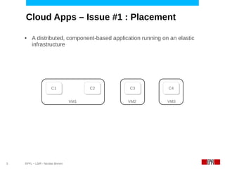 Cloud Apps – Issue #1 : Placement

    ●    A distributed, component-based application running on an elastic
         infrastructure




                       C1
                       C1                C2
                                         C2    C3
                                               C3             C4
                                                              C4


                                   VM1        VM2             VM3




3   EPFL – LSIR - Nicolas Bonvin
 