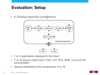 Evaluation: Setup

     ●    E-Ticketing application (print@home)




     ●    1 or 3 applications deployed in the cloud
     ●    7 or 15 servers (Intel Core i7 920, 2.67 GHz, 8GB, Linux 2.6.32-
          trunk-amd64)
     ●    Servers dedicated to the components: 4 or 10

17   EPFL – LSIR - Nicolas Bonvin
 