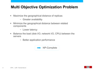 Multi Objective Optimization Problem

    ●    Maximize the geographical distance of replicas
                     –   Greater availability
    ●    Minimize the geographical distance between related
         components
                     –   Lower latency
    ●    Balance the load (disk I/O, network I/O, CPU) between the
         servers
                     –   Better application performance


                                                NP-Complete




8   EPFL – LSIR - Nicolas Bonvin
 