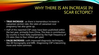 WHY THERE IS AN INCREASE IN
SCAR ECTOPIC?
• TRUE INCREASE : as there is tremendous increase in
caesarean section rate, the rates of caesarean scar
pregnancy has also gone up.
• Half of the reported CSP cases have been published within
the last year, primarily from China. This bias in contribution
by country is most likely explained by the high frequency of
CS rates (two to four million per year)
• FALSE INCREASE : with improved diagnostic techniques,
like 3D Sonography and MRI , Diagnosing CSP is becoming
more and more common.
 