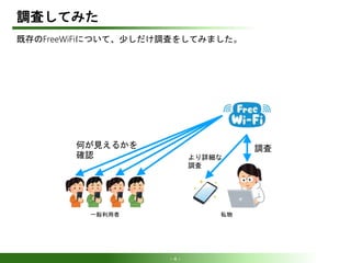 - 4 -
調査してみた
既存のFreeWiFiについて、少しだけ調査をしてみました。
何が見えるかを
確認
調査
より詳細な
調査
私物一般利用者
 