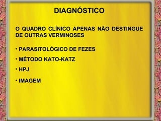 DIAGNÓSTICO O QUADRO CLÍNICO APENAS NÃO DESTINGUE DE OUTRAS VERMINOSES PARASITOLÓGICO DE FEZES MÉTODO KATO-KATZ HPJ IMAGEM 