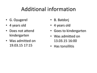 Additional information
• G. Oyugerel
• 4 years old
• Does not attend
kindergarten
• Was admitted on
19.03.15 17:15
• B. Batdorj
• 4 years old
• Goes to kindergarten
• Was admitted on
13.03.15 16:00
• Has tonsillitis
 