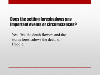 Does the setting foreshadows any 
important events or circumstances? 
Yes, first the death flowers and the 
storm foreshadows the death of 
Doodle. 
