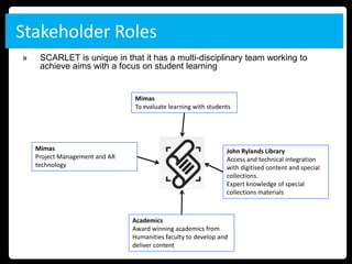 Stakeholder Roles
»    SCARLET is unique in that it has a multi-disciplinary team working to
     achieve aims with a focus on student learning


                                Mimas
                                To evaluate learning with students




    Mimas                                                       John Rylands Library
    Project Management and AR                                   Access and technical integration
    technology                                                  with digitised content and special
                                                                collections.
                                                                Expert knowledge of special
                                                                collections materials



                                Academics
                                Award winning academics from
                                Humanities faculty to develop and
                                deliver content
 