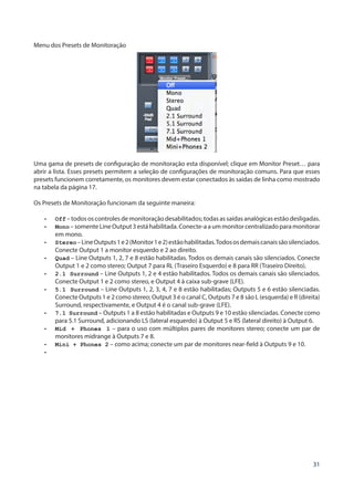 31
Menu dos Presets de Monitoração
Uma gama de presets de configuração de monitoração esta disponível; clique em Monitor Preset… para
abrir a lista. Esses presets permitem a seleção de configurações de monitoração comuns. Para que esses
presets funcionem corretamente, os monitores devem estar conectados às saídas de linha como mostrado
na tabela da página 17.
Os Presets de Monitoração funcionam da seguinte maneira:
•	 Off – todos os controles de monitoração desabilitados; todas as saídas analógicas estão desligadas.
•	 Mono –somenteLineOutput3estáhabilitada.Conecte-aaummonitorcentralizadoparamonitorar
em mono.
•	 Stereo–LineOutputs1e2(Monitor1e2)estãohabilitadas.Todososdemaiscanaissãosilenciados.
Conecte Output 1 a monitor esquerdo e 2 ao direito.
•	 Quad – Line Outputs 1, 2, 7 e 8 estão habilitadas. Todos os demais canais são silenciados. Conecte
Output 1 e 2 como stereo; Output 7 para RL (Traseiro Esquerdo) e 8 para RR (Traseiro Direito).
•	 2.1 Surround – Line Outputs 1, 2 e 4 estão habilitados. Todos os demais canais são silenciados.
Conecte Output 1 e 2 como stereo, e Output 4 à caixa sub-grave (LFE).
•	 5.1 Surround – Line Outputs 1, 2, 3, 4, 7 e 8 estão habilitadas; Outputs 5 e 6 estão silenciadas.
Conecte Outputs 1 e 2 como stereo; Output 3 é o canal C, Outputs 7 e 8 são L (esquerda) e R (direita)
Surround, respectivamente, e Output 4 é o canal sub-grave (LFE).
•	 7.1 Surround – Outputs 1 a 8 estão habilitadas e Outputs 9 e 10 estão silenciadas. Conecte como
para 5.1 Surround, adicionando LS (lateral esquerdo) à Output 5 e RS (lateral direito) à Output 6.
•	 Mid + Phones 1 – para o uso com múltiplos pares de monitores stereo; conecte um par de
monitores midrange à Outputs 7 e 8.
•	 Mini + Phones 2 – como acima; conecte um par de monitores near-field à Outputs 9 e 10.
•	
 