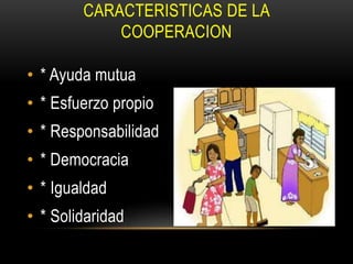CARACTERISTICAS DE LA
COOPERACION
• * Ayuda mutua
• * Esfuerzo propio
• * Responsabilidad
• * Democracia
• * Igualdad
• * Solidaridad
 
