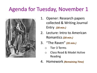 Agenda for Tuesday, November 1
           1. Opener: Research papers
              collected & Writing Journal
              Entry (20 min.)
           2. Lecture: Intro to American
              Romantics (20 min.)
           3. “The Raven” (35 min.)
             o   Tier 3 Terms
             o   Class Read & Model Active
                 Reading
           4. Homework (Remaining Time)
 