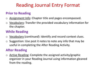 Reading Journal Entry Format
Prior to Reading
o Assignment Info: Chapter title and pages encompassed.
o Vocabulary: Transfer the provided vocabulary information for
  the chapter.
While Reading
o Vocabulary (continued): Identify and record context clues.
o Suggestion: Use post it notes to note any info that may be
  useful in completing the After Reading Activity.
After Reading
o Active Reading: Complete the assigned activity/graphic
  organizer in your Reading Journal using information gleaned
  from the reading.
 