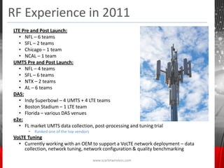 RF Experience in 2011
LTE Pre and Post Launch:
  • NFL – 6 teams
  • SFL – 2 teams
  • Chicago – 1 team
  • NCAL – 1 team
UMTS Pre and Post Launch:
  • NFL – 4 teams
  • SFL – 6 teams
  • NTX – 2 teams
  • AL – 6 teams
DAS:
  • Indy Superbowl – 4 UMTS + 4 LTE teams
  • Boston Stadium – 1 LTE team
  • Florida – various DAS venues
e2e:
  • FL market UMTS data collection, post-processing and tuning trial
      • Ranked one of the top vendors
VoLTE Tuning
  • Currently working with an OEM to support a VoLTE network deployment – data
    collection, network tuning, network configuration & quality benchmarking

                                        www.scarletwireless.com
 