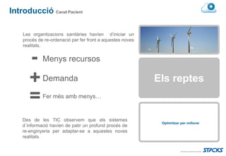 Introducció Canal Pacient

    Les organitzacions sanitàries havíen d’iniciar un
    procés de re-ordenació per fer front a aquestes noves
    realitats.


       - Menys recursos
       + Demanda                                            Els reptes
       =     Fer més amb menys…


    Des de les TIC observem que els sistemes
                                                             Optimitzar per millorar
    d´informació havíen de patir un profund procés de
    re-enginyeria per adaptar-se a aquestes noves
    realitats.
 