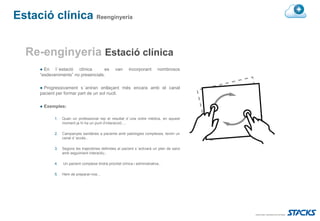Estació clínica Reenginyeria


  Re-enginyeria Estació clínica
      ● En l´estació clínica         es            van      incorporant       nombrosos
      “esdeveniments” no presencials.

      ● Progressivament s´aniran enllaçant més encara amb el canal
      pacient per formar part de un sol nucli.

      ● Exemples:

             1.   Quan un professional rep el resultat d´una ordre mèdica, en aquest
                  moment ja hi ha un punt d’interacció….

             2.   Campanyes sanitàries a pacients amb patologies complexes, tenim un
                  canal d´accés..

             3.   Segons les trajectòries definides al pacient s´activarà un plan de salut
                  amb seguimient interactiu..

             4.   Un pacient complexe tindrà prioritat clínica i administrativa..

             5.   Hem de preparar-nos…
 