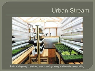 Indoor, shipping container, year round growing and on-site composting 
 