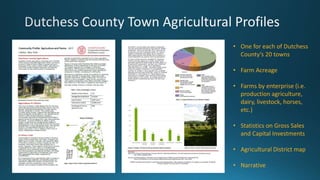 • One for each of Dutchess
County’s 20 towns
• Farm Acreage
• Farms by enterprise (i.e.
production agriculture,
dairy, livestock, horses,
etc.)
• Statistics on Gross Sales
and Capital Investments
• Agricultural District map
• Narrative
 
