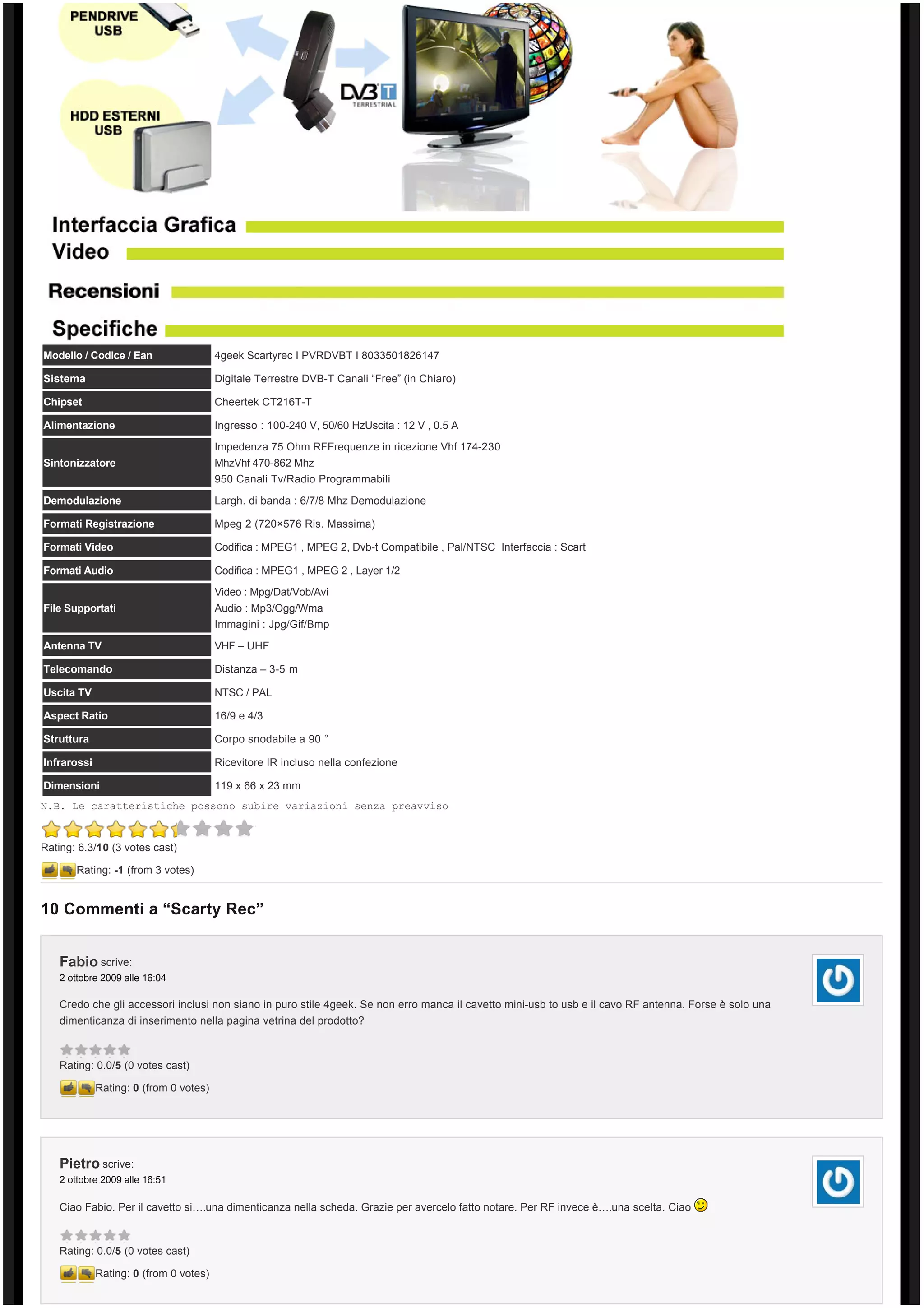 Modello / Codice / Ean                  4geek Scartyrec I PVRDVBT I 8033501826147

Sistema                                 Digitale Terrestre DVB-T Canali “Free” (in Chiaro)

Chipset                                 Cheertek CT216T-T

Alimentazione                           Ingresso : 100-240 V, 50/60 HzUscita : 12 V , 0.5 A

                                        Impedenza 75 Ohm RFFrequenze in ricezione Vhf 174-230
Sintonizzatore                          MhzVhf 470-862 Mhz
                                        950 Canali Tv/Radio Programmabili

Demodulazione                           Largh. di banda : 6/7/8 Mhz Demodulazione

Formati Registrazione                   Mpeg 2 (720×576 Ris. Massima)

Formati Video                           Codifica : MPEG1 , MPEG 2, Dvb-t Compatibile , Pal/NTSC  Interfaccia : Scart

Formati Audio                           Codifica : MPEG1 , MPEG 2 , Layer 1/2

                                        Video : Mpg/Dat/Vob/Avi
File Supportati                         Audio : Mp3/Ogg/Wma
                                        Immagini : Jpg/Gif/Bmp

Antenna TV                              VHF – UHF

Telecomando                             Distanza – 3-5 m

Uscita TV                               NTSC / PAL

Aspect Ratio                            16/9 e 4/3

Struttura                               Corpo snodabile a 90 °

Infrarossi                              Ricevitore IR incluso nella confezione

Dimensioni                              119 x 66 x 23 mm
N.B. Le caratteristiche possono subire variazioni senza preavviso


Rating: 6.3/10 (3 votes cast)

       Rating: -1 (from 3 votes)


10 Commenti a “Scarty Rec”


    Fabio scrive:
    2 ottobre 2009 alle 16:04

    Credo che gli accessori inclusi non siano in puro stile 4geek. Se non erro manca il cavetto mini-usb to usb e il cavo RF antenna. Forse è solo una 
    dimenticanza di inserimento nella pagina vetrina del prodotto?



    Rating: 0.0/5 (0 votes cast)

             Rating: 0 (from 0 votes)




    Pietro scrive:
    2 ottobre 2009 alle 16:51

    Ciao Fabio. Per il cavetto si….una dimenticanza nella scheda. Grazie per avercelo fatto notare. Per RF invece è….una scelta. Ciao



    Rating: 0.0/5 (0 votes cast)

             Rating: 0 (from 0 votes)
 