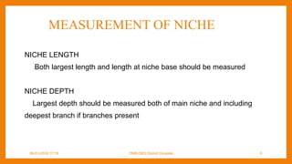 MEASUREMENT OF NICHE
NICHE LENGTH
Both largest length and length at niche base should be measured
NICHE DEPTH
Largest depth should be measured both of main niche and including
deepest branch if branches present
09-01-2024 17:18 DNB-OBG District Hospital 6
 