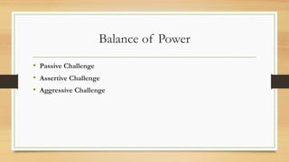 Balance of Power
• Passive Challenge
• Assertive Challenge
• Aggressive Challenge
 