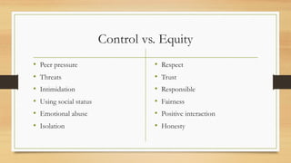 Control vs. Equity
• Peer pressure
• Threats
• Intimidation
• Using social status
• Emotional abuse
• Isolation
• Respect
• Trust
• Responsible
• Fairness
• Positive interaction
• Honesty
 