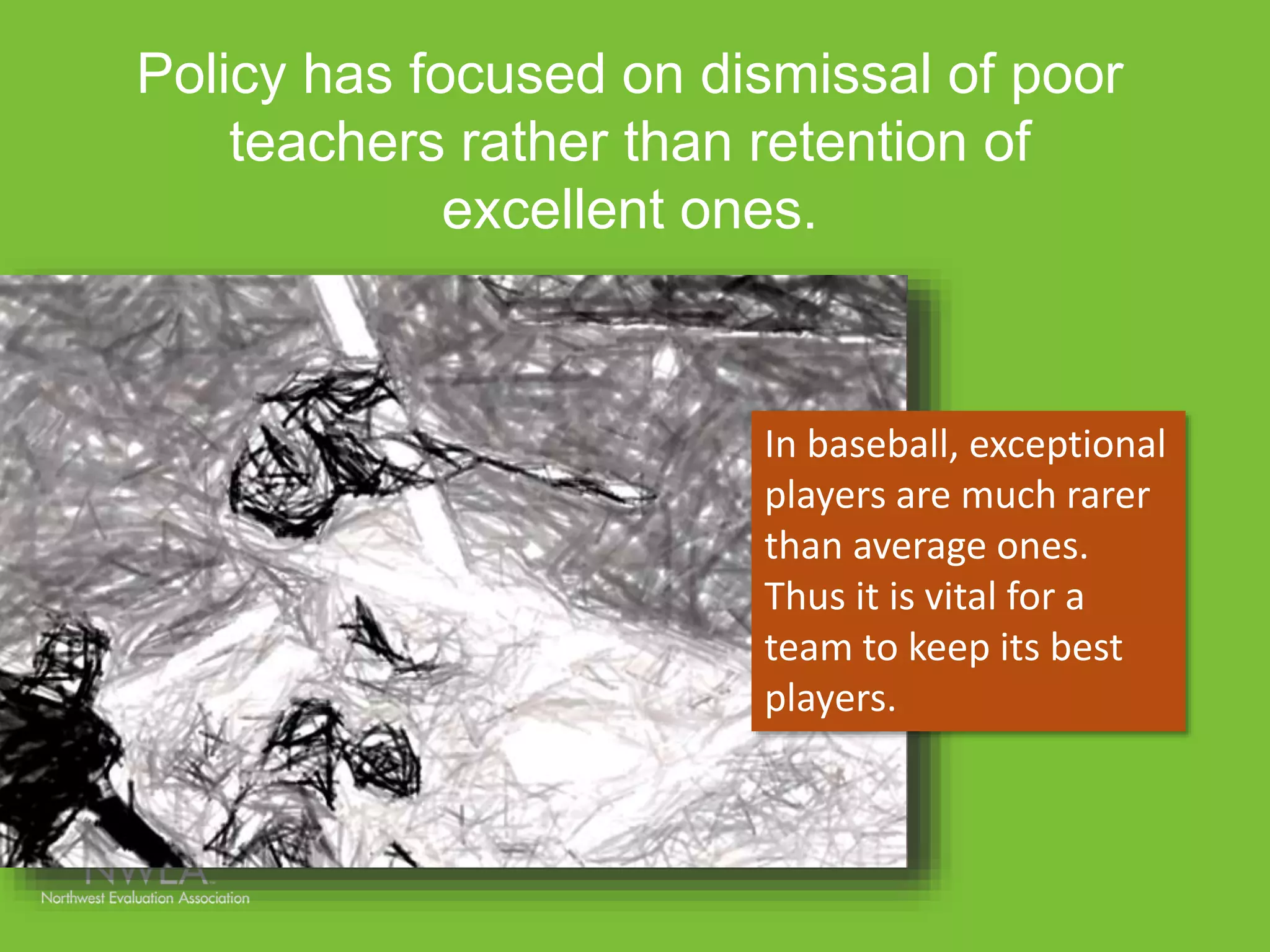 Policy has focused on dismissal of poor 
teachers rather than retention of 
excellent ones. 
In baseball, exceptional 
players are much rarer 
than average ones. 
Thus it is vital for a 
team to keep its best 
players. 
 