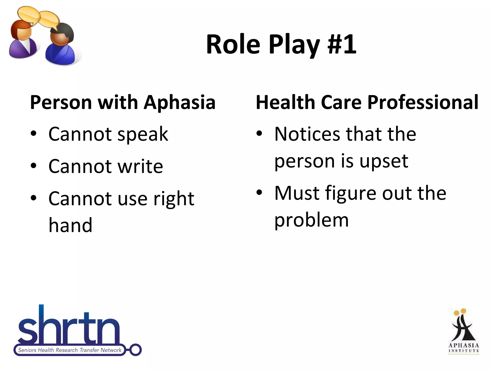 Role Play #1 Person with Aphasia Cannot speak Cannot write Cannot use right hand Health Care Professional Notices that the person is upset Must figure out the problem 