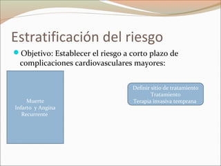 Estratificación del riesgo
Objetivo: Establecer el riesgo a corto plazo de
complicaciones cardiovasculares mayores:
Muerte
Infarto y Angina
Recurrente
Definir sitio de tratamiento
Tratamiento
Terapia invasiva temprana
 