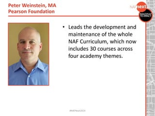 • Leads the development and
maintenance of the whole
NAF Curriculum, which now
includes 30 courses across
four academy themes.
Peter Weinstein, MA
Pearson Foundation
#NAFNext2014
 