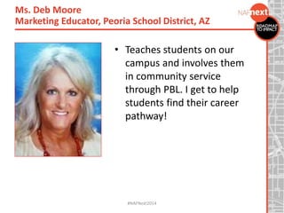 • Teaches students on our
campus and involves them
in community service
through PBL. I get to help
students find their career
pathway!
Ms. Deb Moore
Marketing Educator, Peoria School District, AZ
#NAFNext2014
 