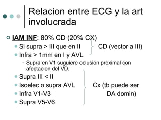 Relacion entre ECG y la art involucrada IAM INF : 80% CD (20% CX) Si supra > III que en II  CD (vector a III) Infra > 1mm en I y AVL Supra en V1 suguiere oclusion proximal con afectacion del VD. Supra III < II  Isoelec o supra AVL  Cx (tb puede ser  Infra V1-V3  DA domin) Supra V5-V6  