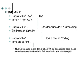 IAM ANT :  Supra V1-V3 AVL  DA Infra > 1mm AVF Supra V1-V3  DA despues de 1ª ramo diag Sin infra en cara inf Supra V1-V3  DA distal al 1º diag Infra en car inf Nuevo bloqueo de R der c/ Q en V1 es especifico pero poco sensible de oclusion de la DA asociado a IAM ant-septal 