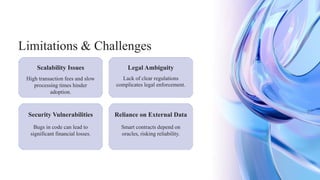 Legal Ambiguity
High transaction fees and slow
processing times hinder
adoption.
Smart contracts depend on
oracles, risking reliability.
Scalability Issues
Security Vulnerabilities
Bugs in code can lead to
significant financial losses.
Reliance on External Data
Lack of clear regulations
complicates legal enforcement.
Limitations & Challenges
 
