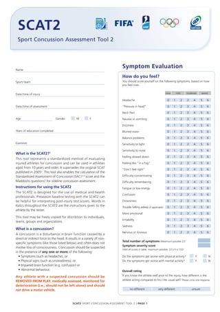 none mild moderate severe
Sport Concussion Assessment Tool 2
Symptom Evaluation
What is the SCAT2?1
This tool represents a standardized method of evaluating
injured athletes for concussion and can be used in athletes
aged from 10 years and older. It supersedes the original SCAT
published in 20052
. This tool also enables the calculation of the
Standardized Assessment of Concussion (SAC)3, 4
score and the
Maddocks questions5
for sideline concussion assessment.
Instructions for using the SCAT2
The SCAT2 is designed for the use of medical and health
professionals. Preseason baseline testing with the SCAT2 can
be helpful for interpreting post-injury test scores. Words in
Italics throughout the SCAT2 are the instructions given to the
athlete by the tester.
This tool may be freely copied for distribtion to individuals,
teams, groups and organizations.
What is a concussion?
A concussion is a disturbance in brain function caused by a
direct or indirect force to the head. It results in a variety of non-
specific symptoms (like those listed below) and often does not
involve loss of consciousness. Concussion should be suspected
in the presence of any one or more of the following:
•	Symptoms (such as headache), or
•	Physical signs (such as unsteadiness), or
•	Impaired brain function (e.g. confusion) or
•	Abnormal behaviour.
Any athlete with a suspected concussion should be
REMOVED FROM PLAY, medically assessed, monitored for
deterioration (i.e., should not be left alone) and should
not drive a motor vehicle.
SCAT2 Sport Concussion Assesment Tool 2 | Page 1
SCAT2
How do you feel?
You should score yourself on the following symptoms, based on how
you feel now.
Headache	 0	 1	 2	 3	 4	 5	 6
“Pressure in head”	 0	 1	 2	 3	 4	 5	 6
Neck Pain	 0	 1	 2	 3	 4	 5	 6
Nausea or vomiting	 0	 1	 2	 3	 4	 5	 6
Dizziness	 0	 1	 2	 3	 4	 5	 6
Blurred vision	 0	 1	 2	 3	 4	 5	 6
Balance problems	 0	 1	 2	 3	 4	 5	 6
Sensitivity to light	 0	 1	 2	 3	 4	 5	 6
Sensitivity to noise	 0	 1	 2	 3	 4	 5	 6
Feeling slowed down	 0	 1	 2	 3	 4	 5	 6
Feeling like “in a fog“	 0	 1	 2	 3	 4	 5	 6
“Don’t feel right”	 0	 1	 2	 3	 4	 5	 6
Difficulty concentrating	 0	 1	 2	 3	 4	 5	 6
Difficulty remembering	 0	 1	 2	 3	 4	 5	 6
Fatigue or low energy	 0	 1	 2	 3	 4	 5	 6
Confusion	 0	 1	 2	 3	 4	 5	 6
Drowsiness	 0	 1	 2	 3	 4	 5	 6
Trouble falling asleep (if applicable)	 0	 1	 2	 3	 4	 5	 6
More emotional	 0	 1	 2	 3	 4	 5	 6
Irritability	 0	 1	 2	 3	 4	 5	 6
Sadness	 0	 1	 2	 3	 4	 5	 6
Nervous or Anxious	 0	 1	 2	 3	 4	 5	 6
Total number of symptoms (Maximum possible 22)	
Symptom severity score	
(Add all scores in table, maximum possible: 22 x 6 = 132)
Do the symptoms get worse with physical activity?	 Y	 N
Do the symptoms get worse with mental activity?	 Y	 N
Overall rating 	
If you know the athlete well prior to the injury, how different is the
athlete acting compared to his / her usual self? Please circle one response.
no different very different unsure
Name
Sport / team
Date / time of injury
Date / time of assessment
Age 			 Gender	 n M	 n F
Years of education completed
Examiner
 