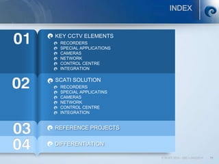 INDEX
© SCATI 2014 – SRC v.04022014 11
REFERENCE PROJECTS
KEY CCTV ELEMENTS
RECORDERS
SPECIAL APPLICATIONS
CAMERAS
NETWORK
CONTROL CENTRE
INTEGRATION
SCATI SOLUTION
RECORDERS
SPECIAL APPLICATINS
CAMERAS
NETWORK
CONTROL CENTRE
INTEGRATION
DIFFERENTIATION
 