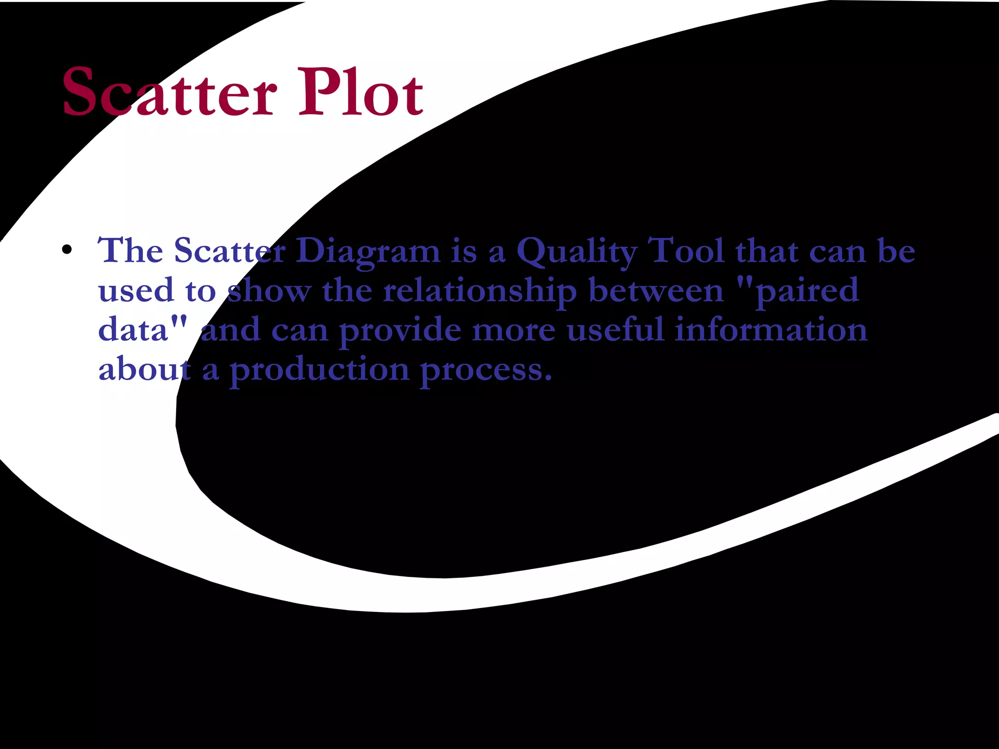 Scatter Plot The Scatter Diagram is a Quality Tool that can be used to show the relationship between &quot;paired data&quot; and can provide more useful information about a production process.  