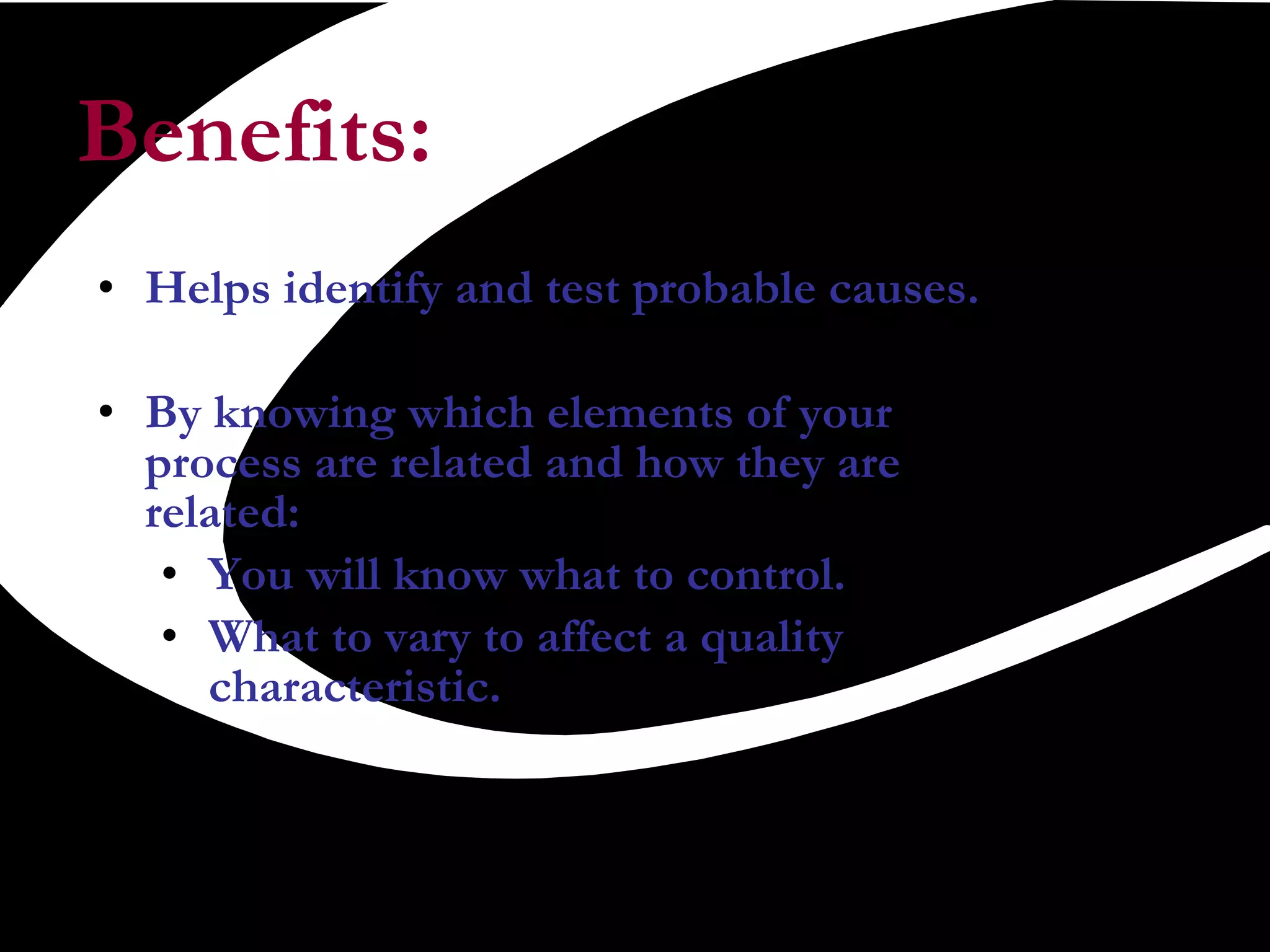 Benefits: Helps identify and test probable causes.  By knowing which elements of your process are related and how they are related: You will know what to control.  What to vary to affect a quality characteristic.  
