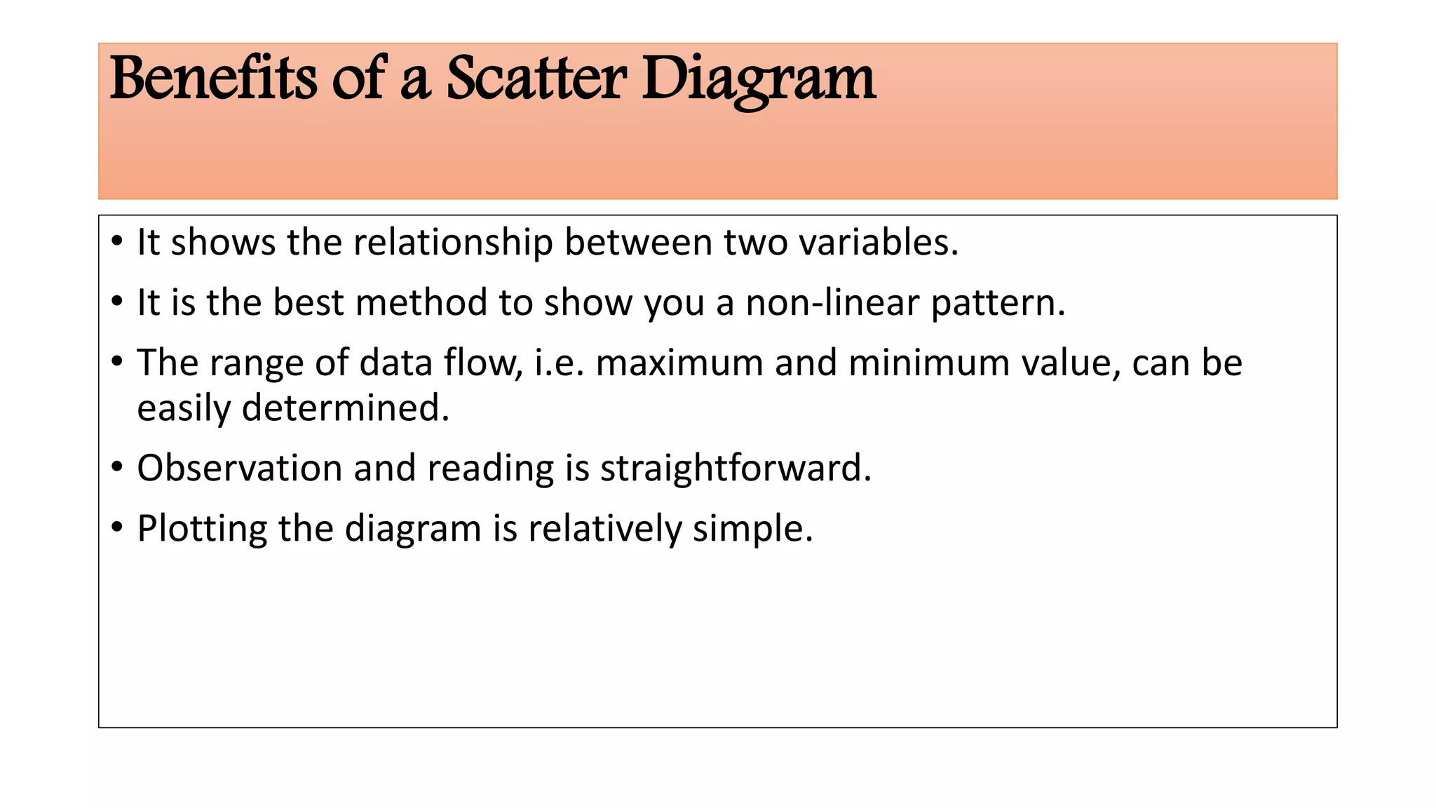 Benefits of a Scatter Diagram
• It shows the relationship between two variables.
• It is the best method to show you a non-linear pattern.
• The range of data flow, i.e. maximum and minimum value, can be
easily determined.
• Observation and reading is straightforward.
• Plotting the diagram is relatively simple.
 